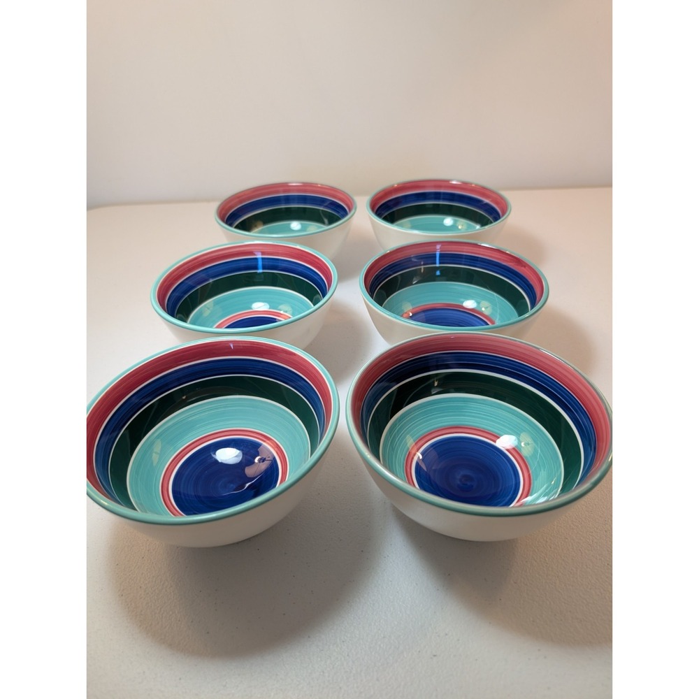 Pier 1 Made in Italy Ceramic Bowls Set of 6 Multicolor Stripe 5.5" Cereal Soup